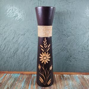 Boho Chic Hand Carved Wooden Vase with Floral Design and Jute Twine Accent